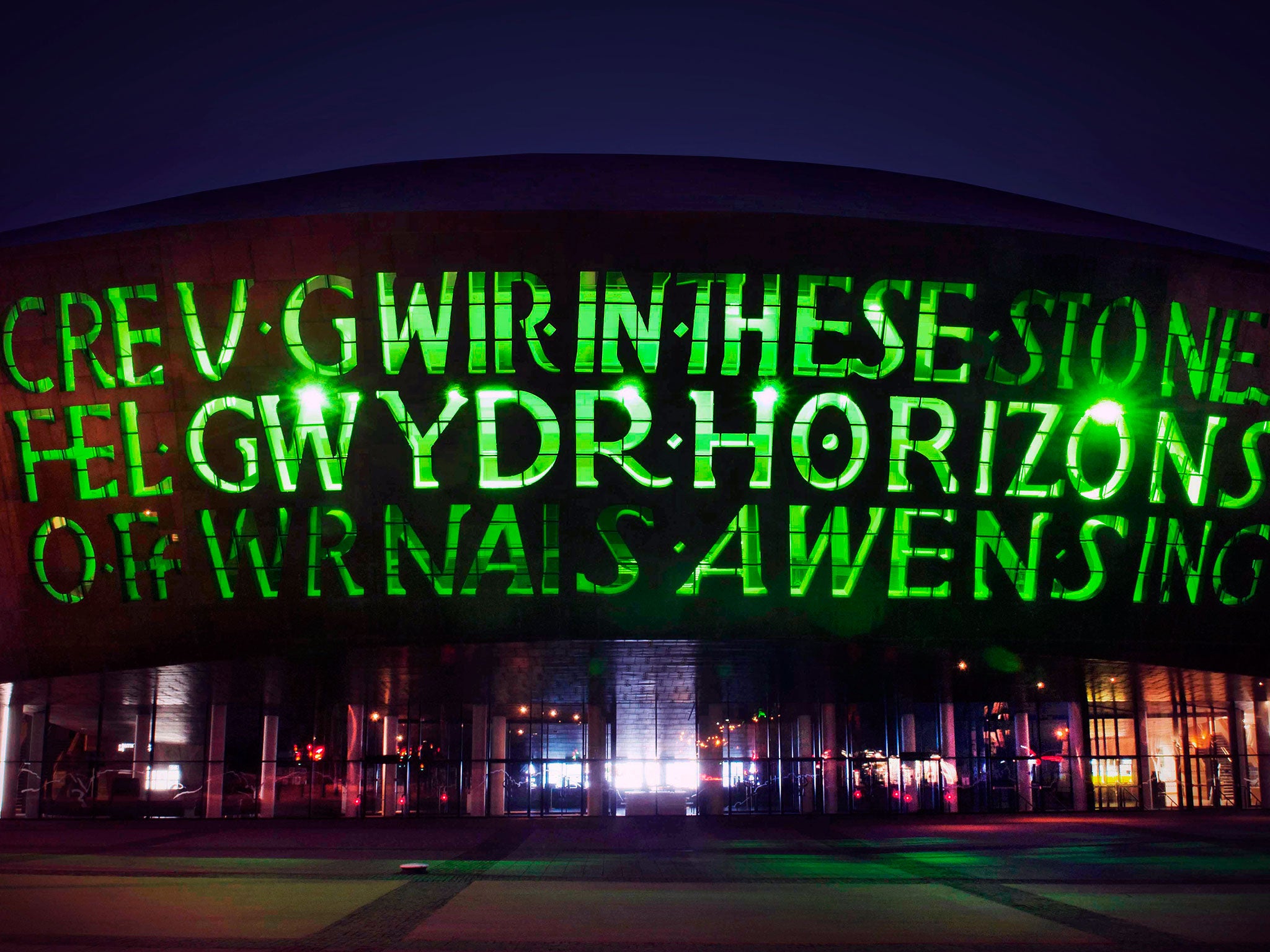 Wales Millennium Centre in Cardiff lit green to celebrate St Patrick's Day