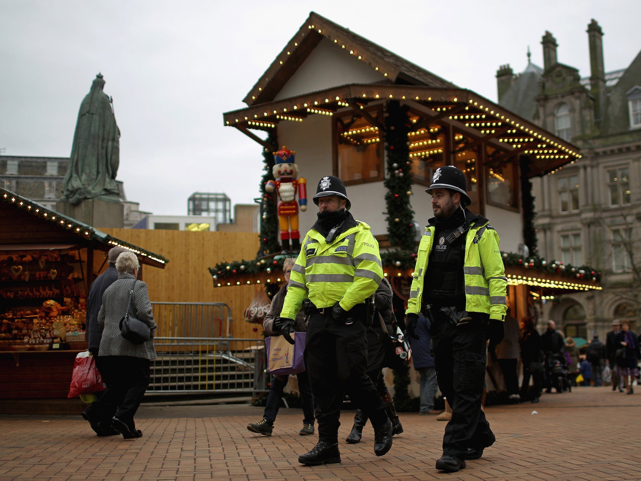 Officers from West Midlands police force patrol the streets of Birmingham during a security threat on December 9, 2014 in Birmingham, England. Officers of West Midlands Police continued their patrols as an alleged threat to kidnap and kill an officer was