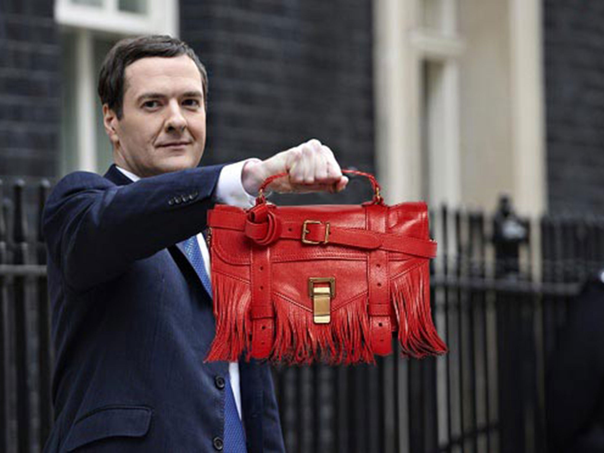 Parody of George Osborne holding a red Proenza Schoulder handbag - This image has been photoshopped by Lyst to accompany its Fashion Budget findings