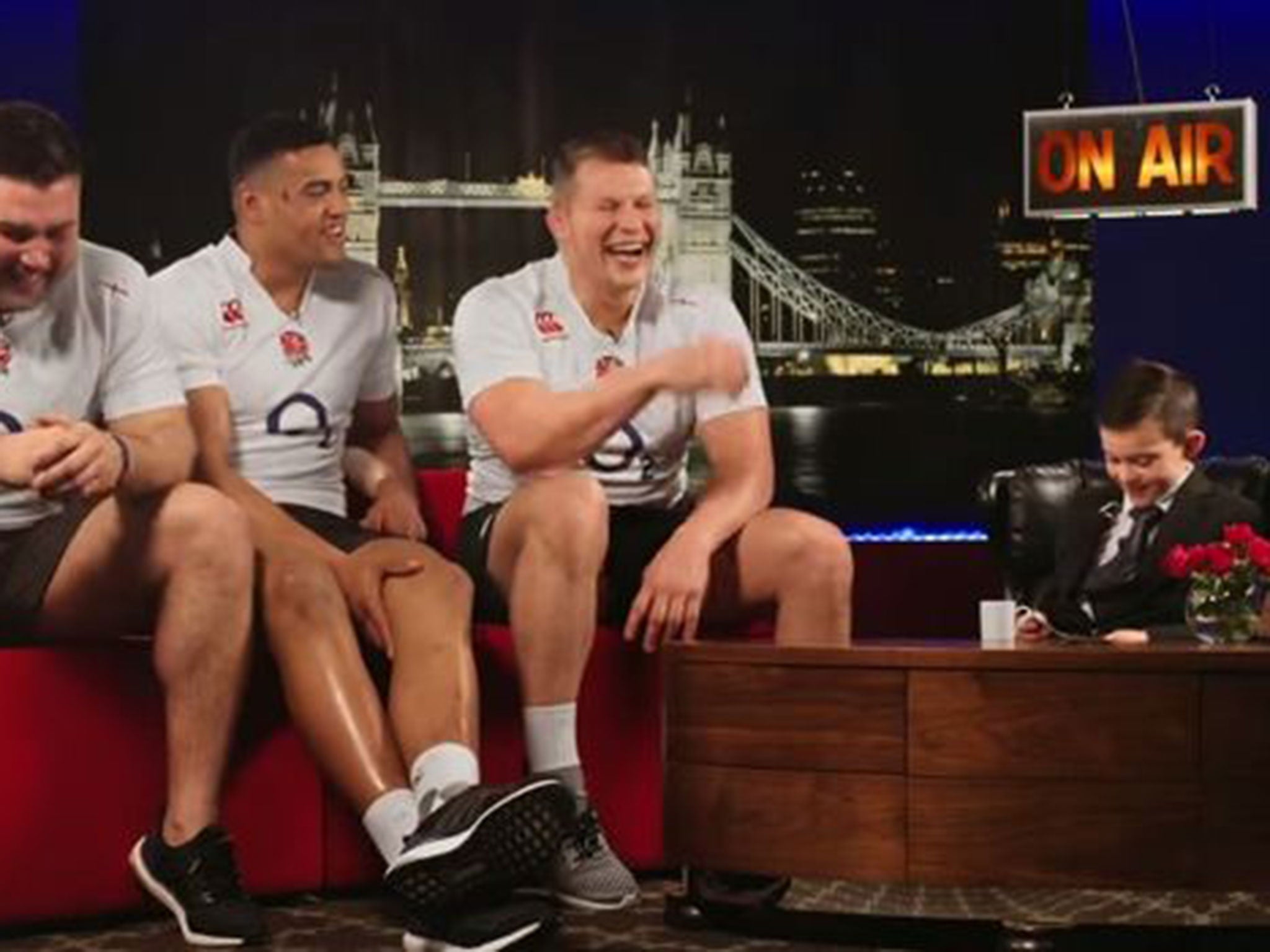 (l-r) Kieran Brookes, Luther Burrell and Dylan Hartley are left in stitches by Harry Westlake's antics