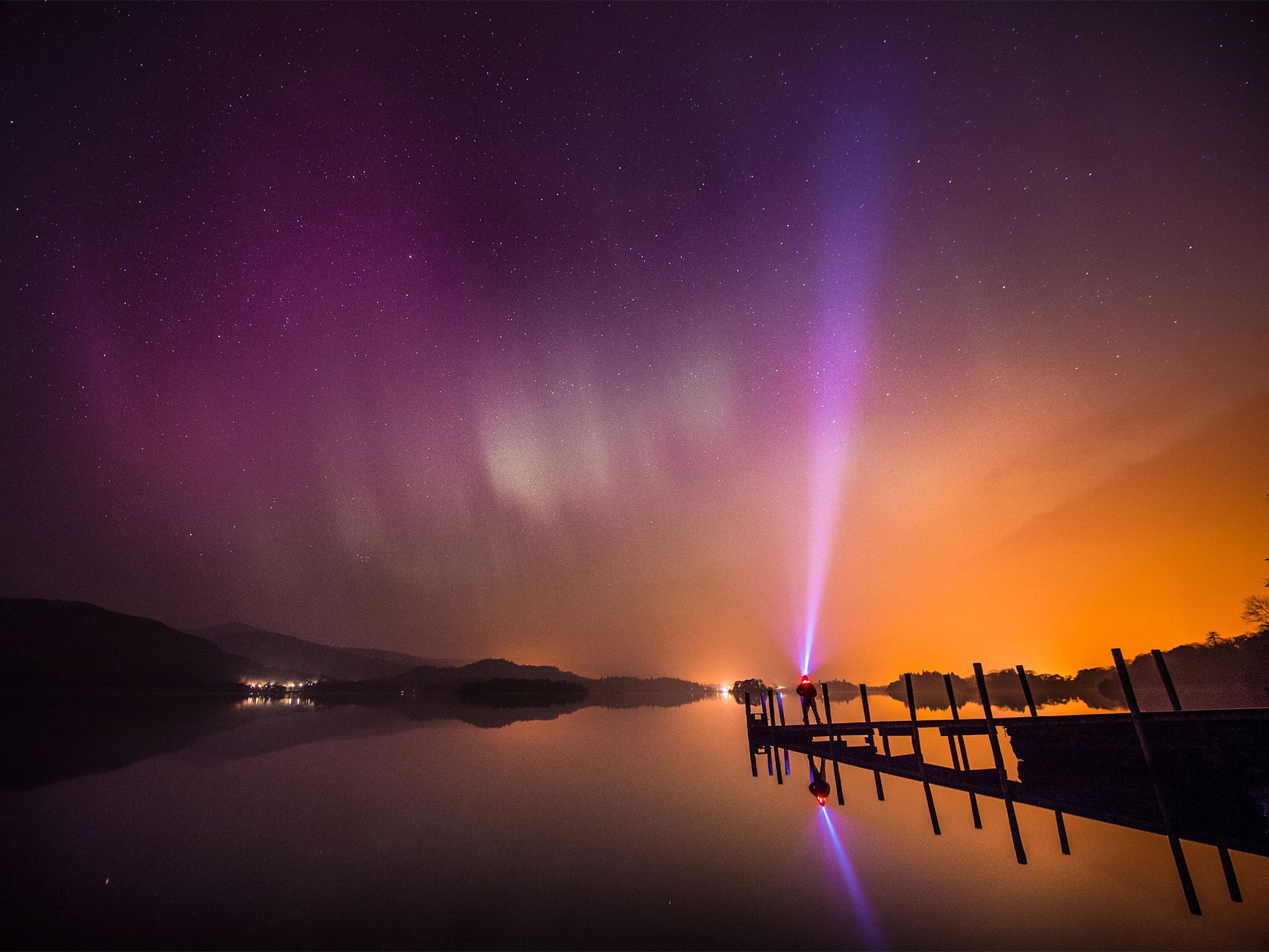 The Northern Lights over Derwent Water in the Lake District early on Wednesday