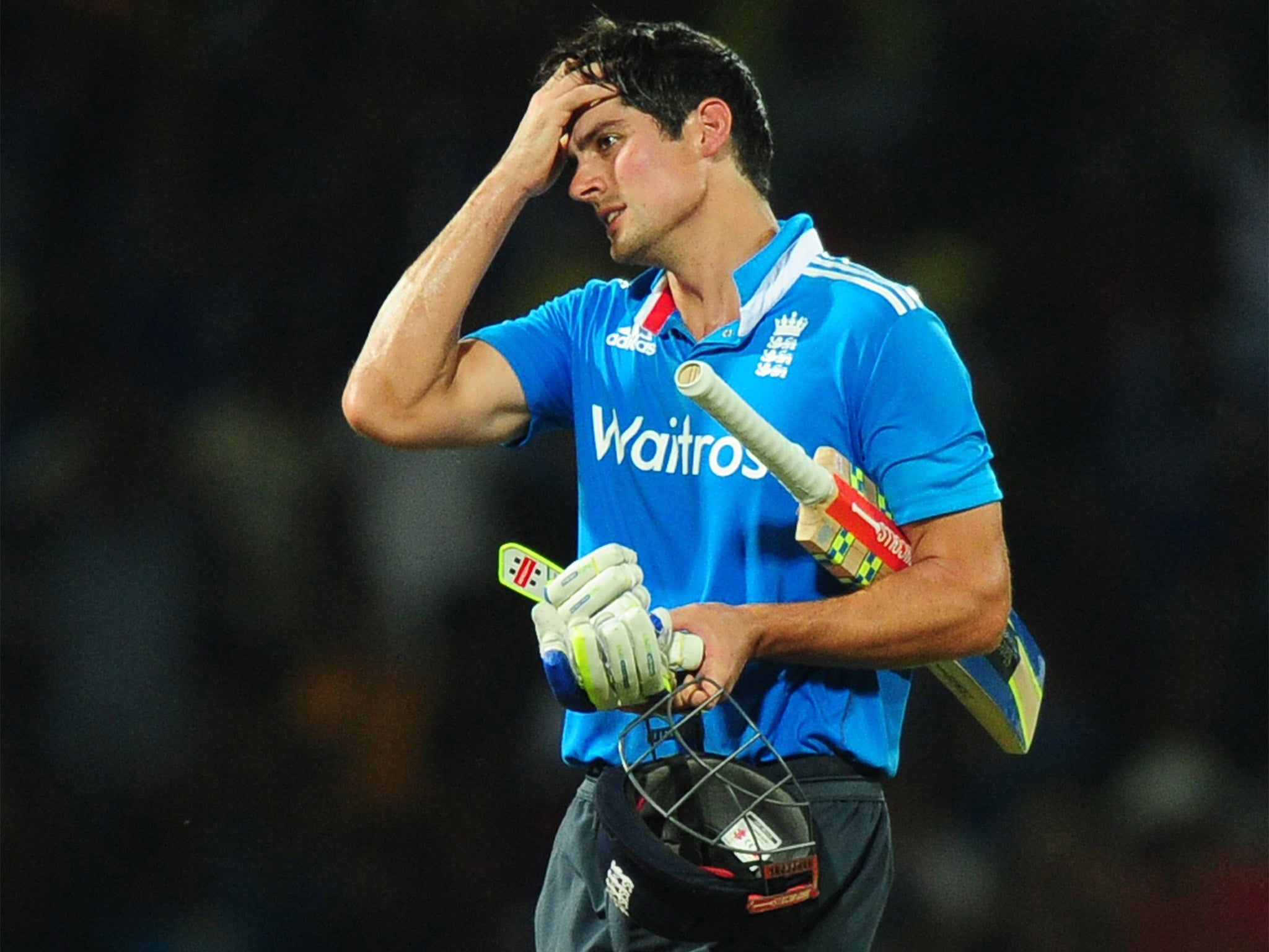 Alastair Cook is dismissed in the one-day series against Sri Lanka, where his poor form led to him losing the captaincy for the World Cup