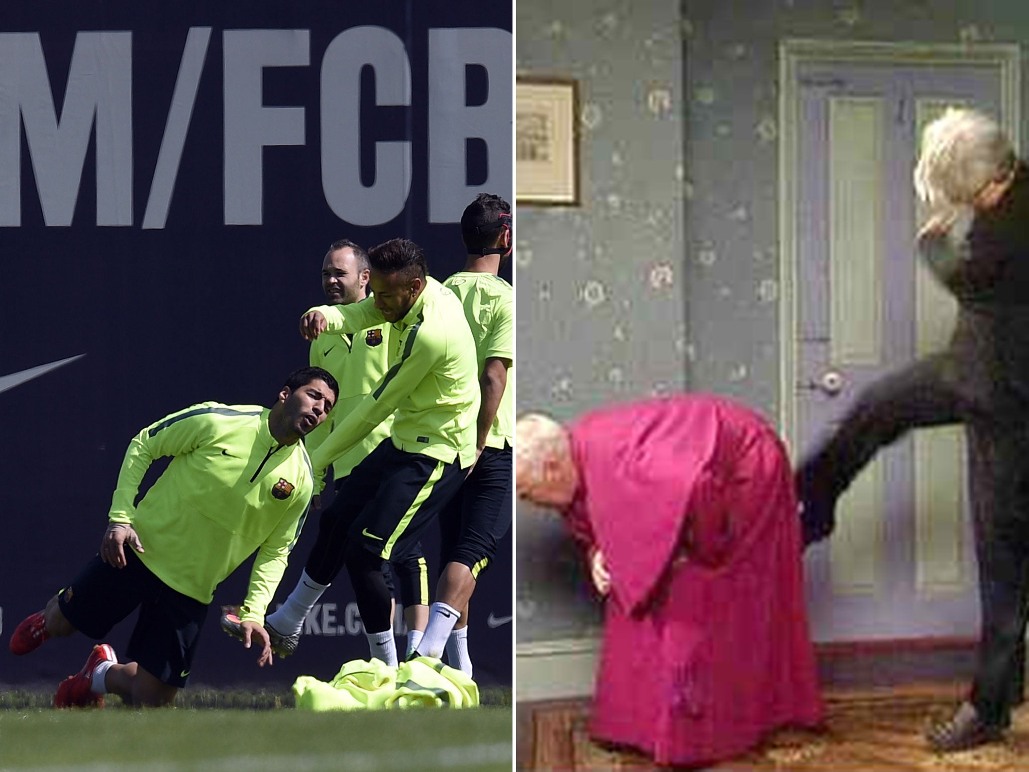 Neymar boots Luis Suarez in a moment compared to the famous Father Ted scene involving Bishop Brennan