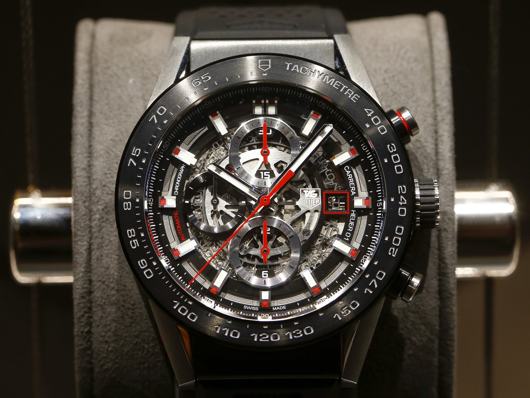 A Carrera Heuer 01 Automatic Chronograph watch of Swiss watch manufacturer TAG Heuer is displayed at Baselworld fair