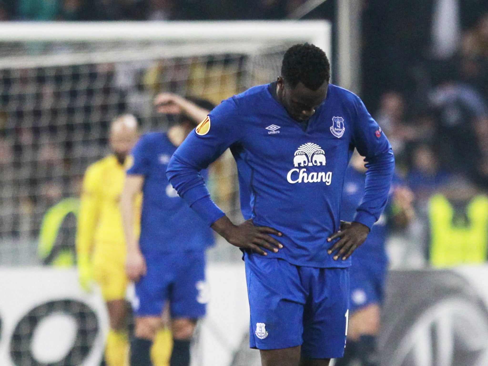Dejected Everton striker Romelu Lukaku during last night’s Europa League thrashing at Dynamo Kiev
