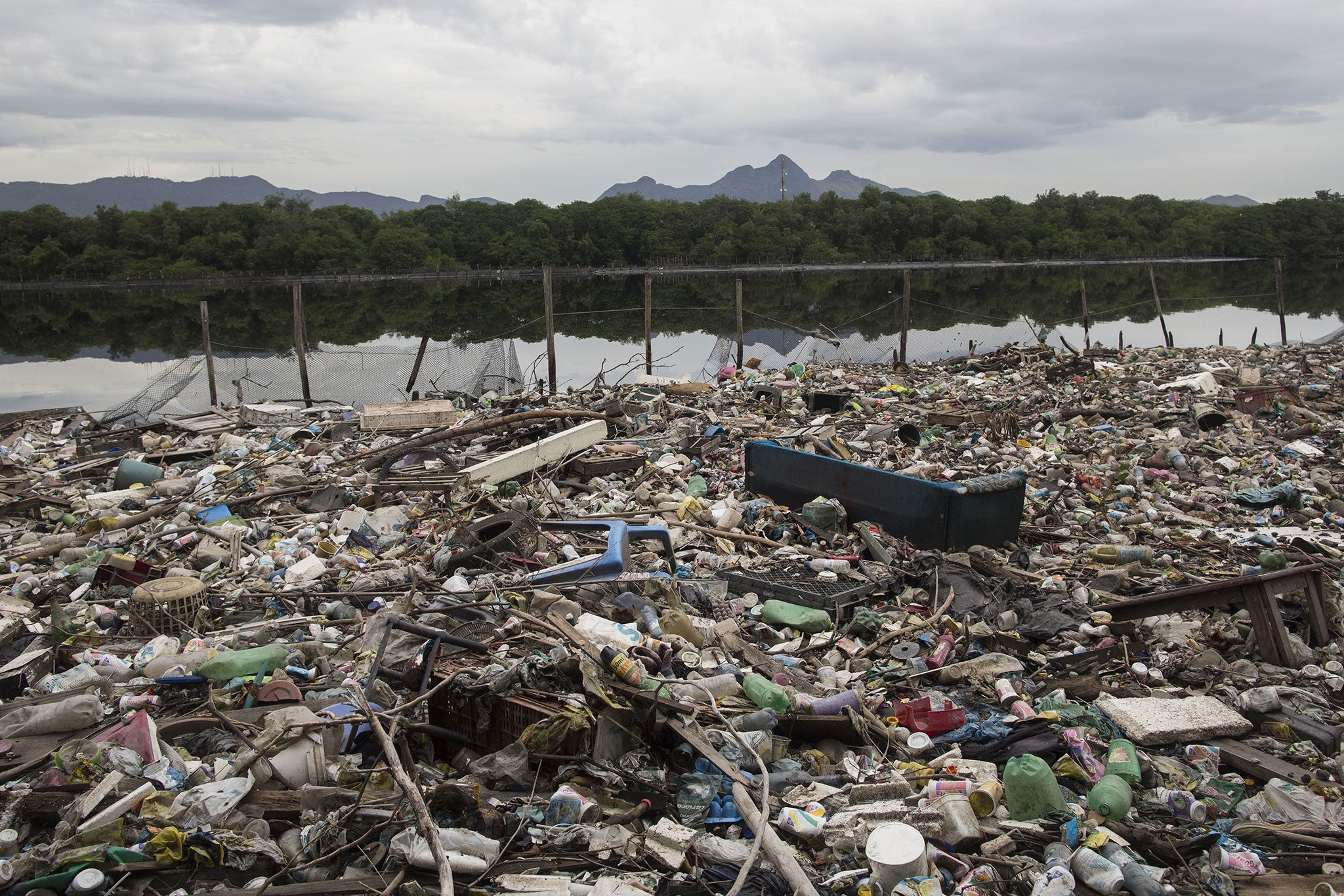 Rubbish and debris floats into Guanabara Bay, Rio de Janeiro
