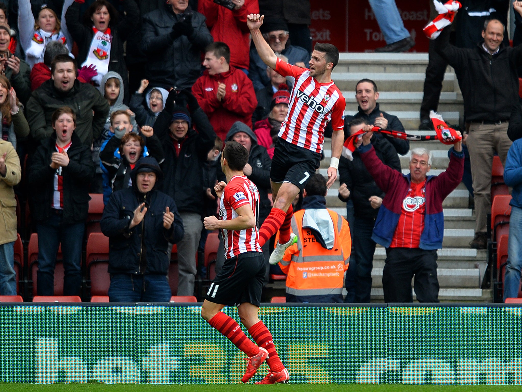 Shane Long celebrates during Southampton's most recent win, 2-0 against Burnley