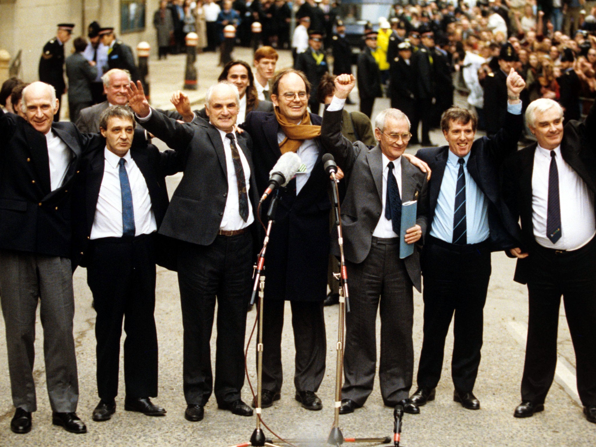 The release of the Birmingham Six in March 1991 (left to right): William Power, Richard McIlkenny, John Walker, Chris Mullin MP, Gerry Hunter, Patrick Hill and Hugh Callaghan (Rex)