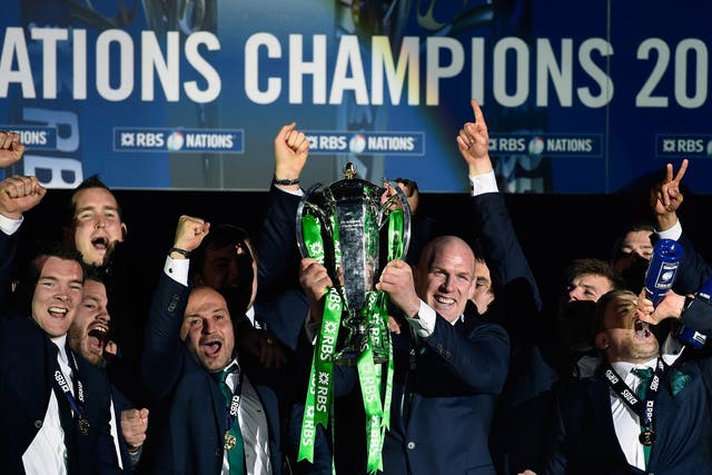 Ireland captain Paul O' Connell lifts the trophy 