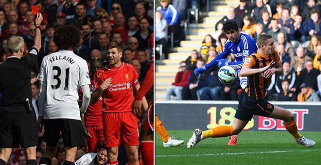 Steven Gerrard is sent off against Liverpool, while (right) Diego Costa puts Chelsea 2-0 in front at Hull