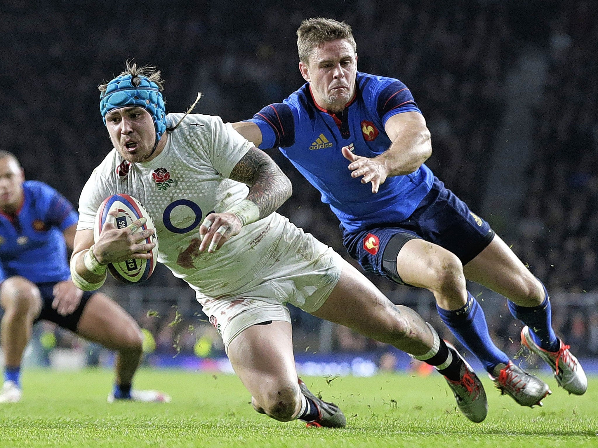 Jack Nowell goes over for England during Saturday’s try-fest against France