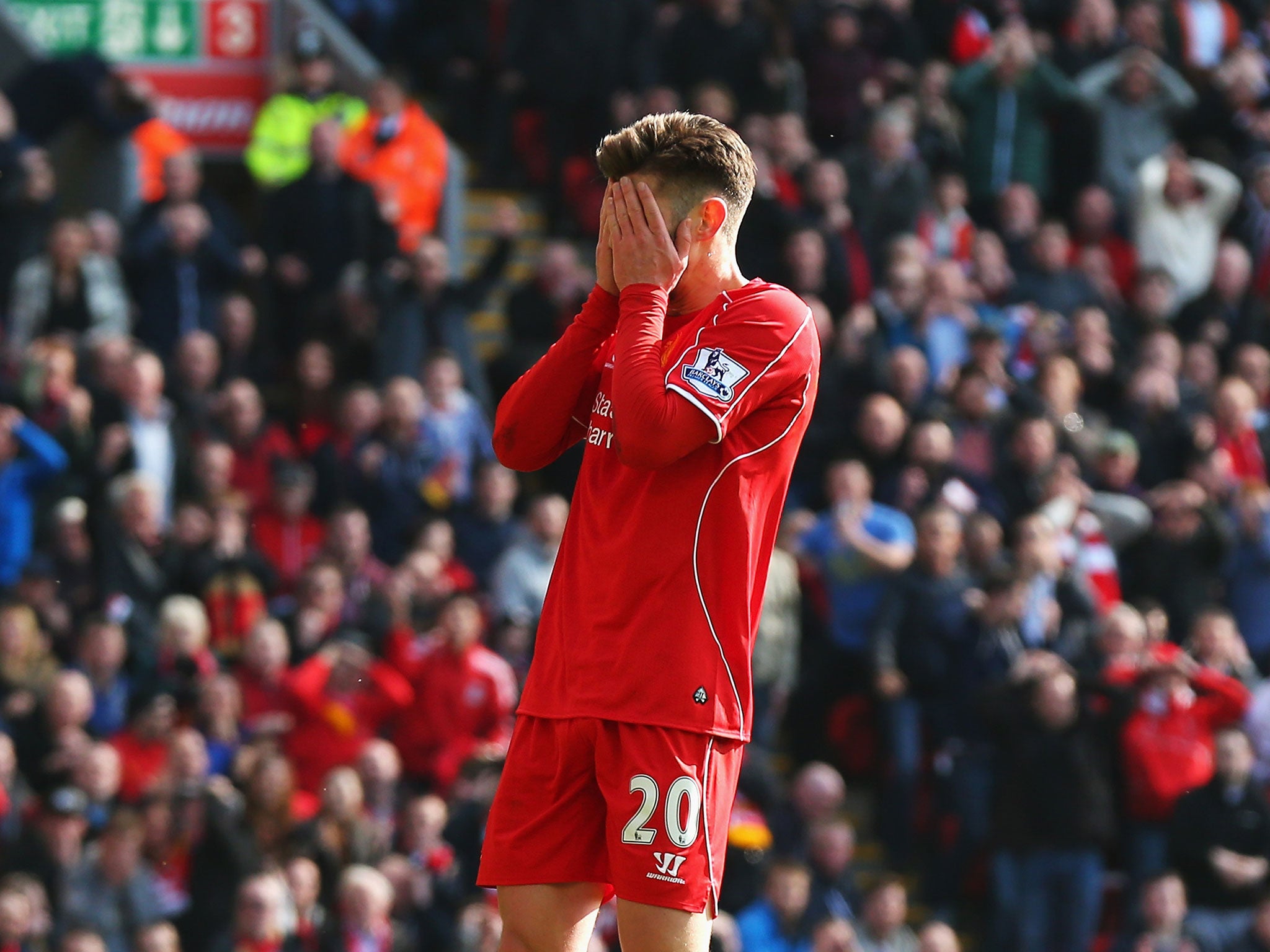 Lallana reacts after missing a glaring chance against Manchester United