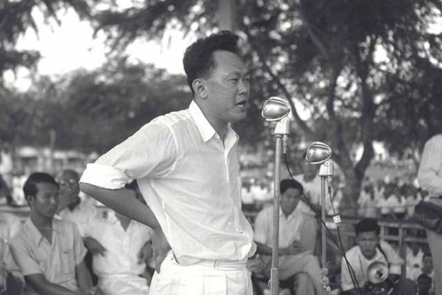 Lee campaigning in 1955; he began as a Marxist, but later filled his prisons with them