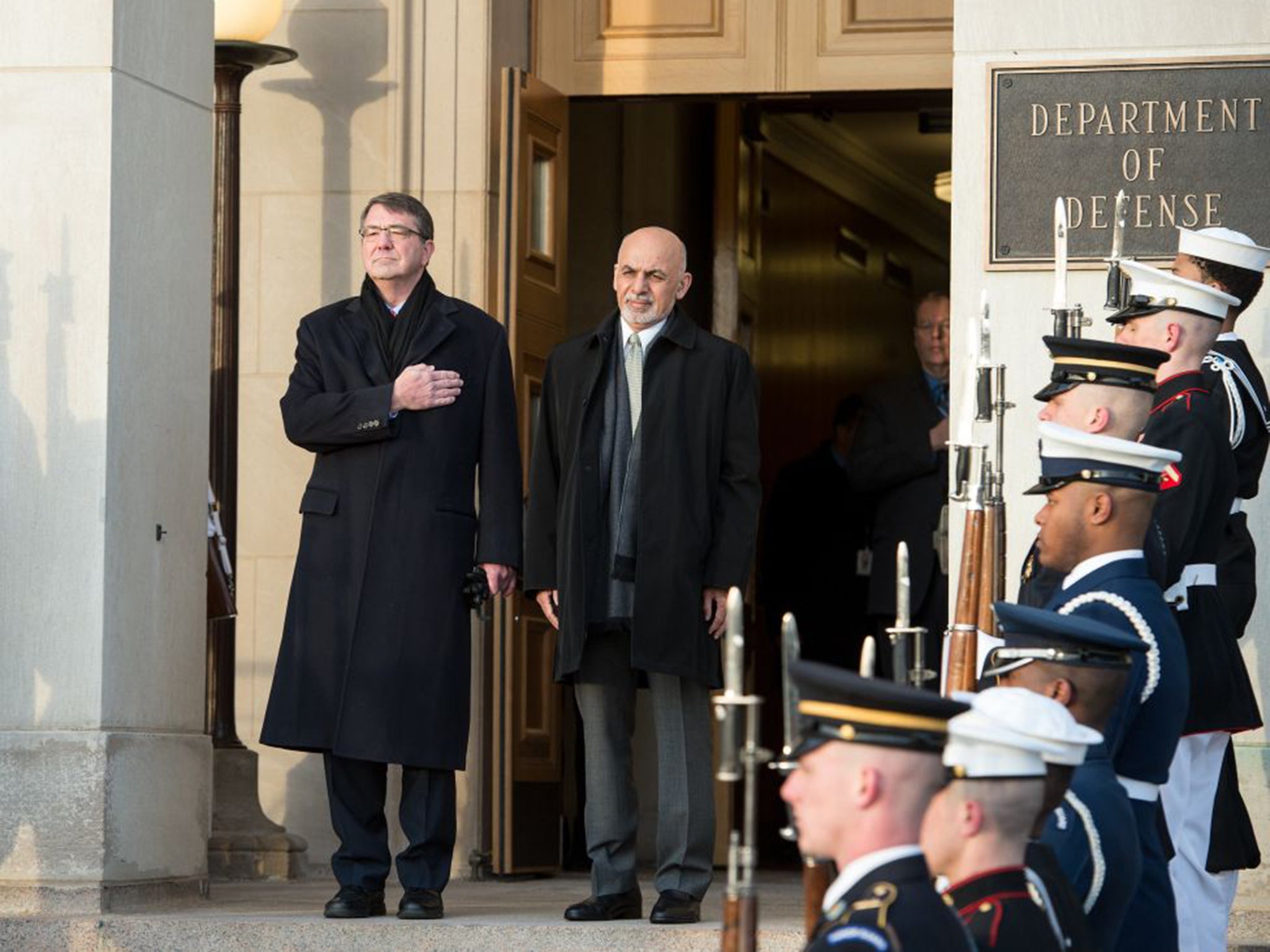 President Ashraf Ghani, pictured here with US Defense Secretary Ashton Carter, is due to meet Obama today