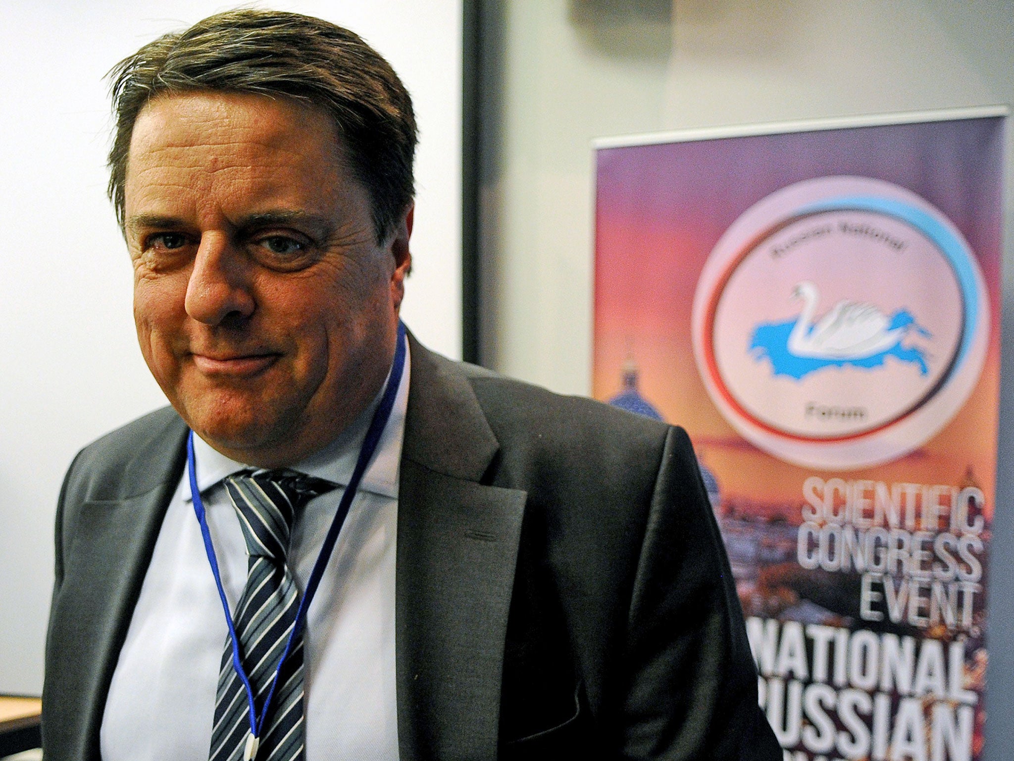 Former head of the British National Party Nick Griffin takes part in the International Russian Conservative Forum in Saint-Petersburg on March 22, 2015. Representatives of about a dozen far-right groups from across Europe gathered in Russia for a pro-Krem