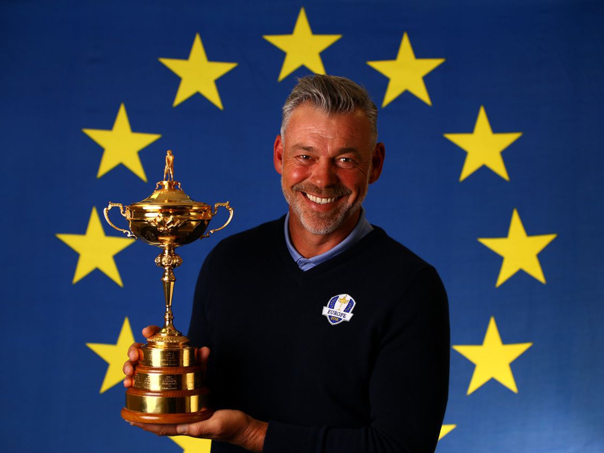 Darren Clarke with the Ryder Cup trophy during his first press conference