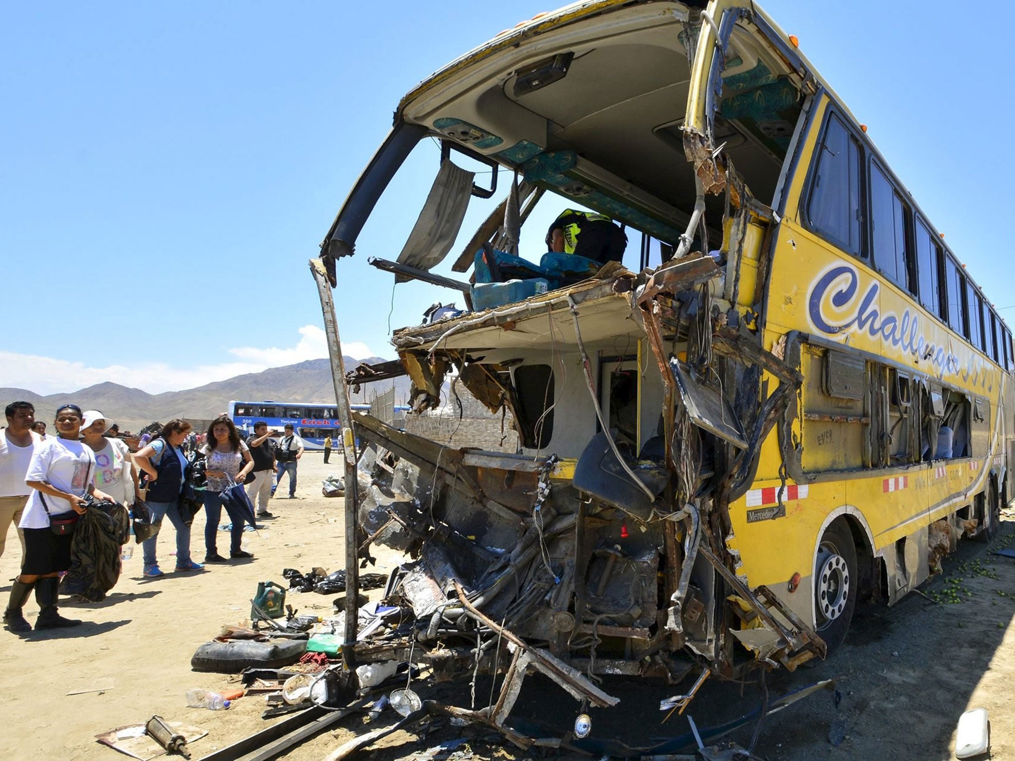 At least 34 people were killed and 70 injured in north-central Peru after a bus swerved into another bus in the oncoming lane in a multiple-vehicle accident