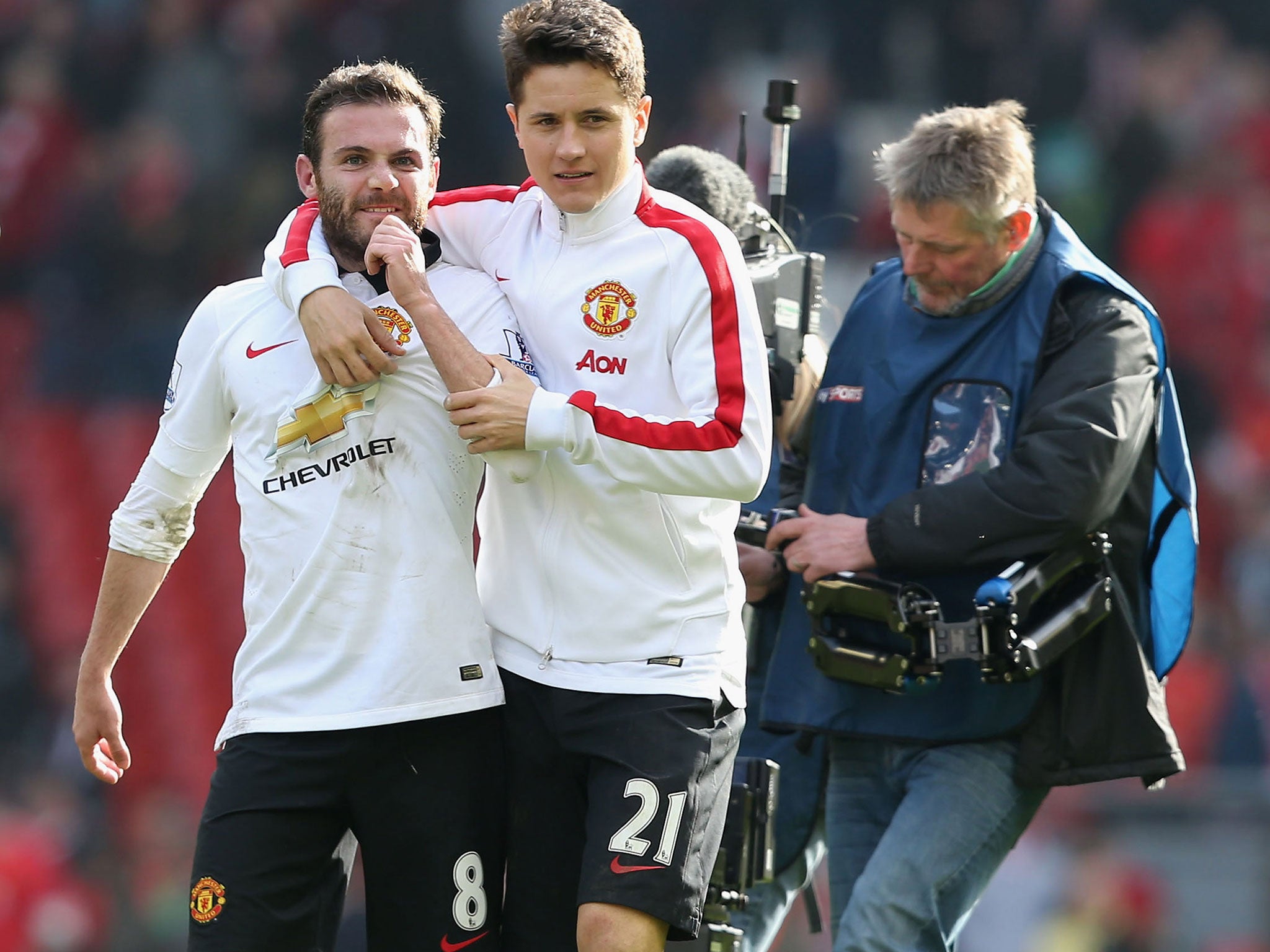 Juan Mata and Ander Herrera celebrates victory over Liverpool