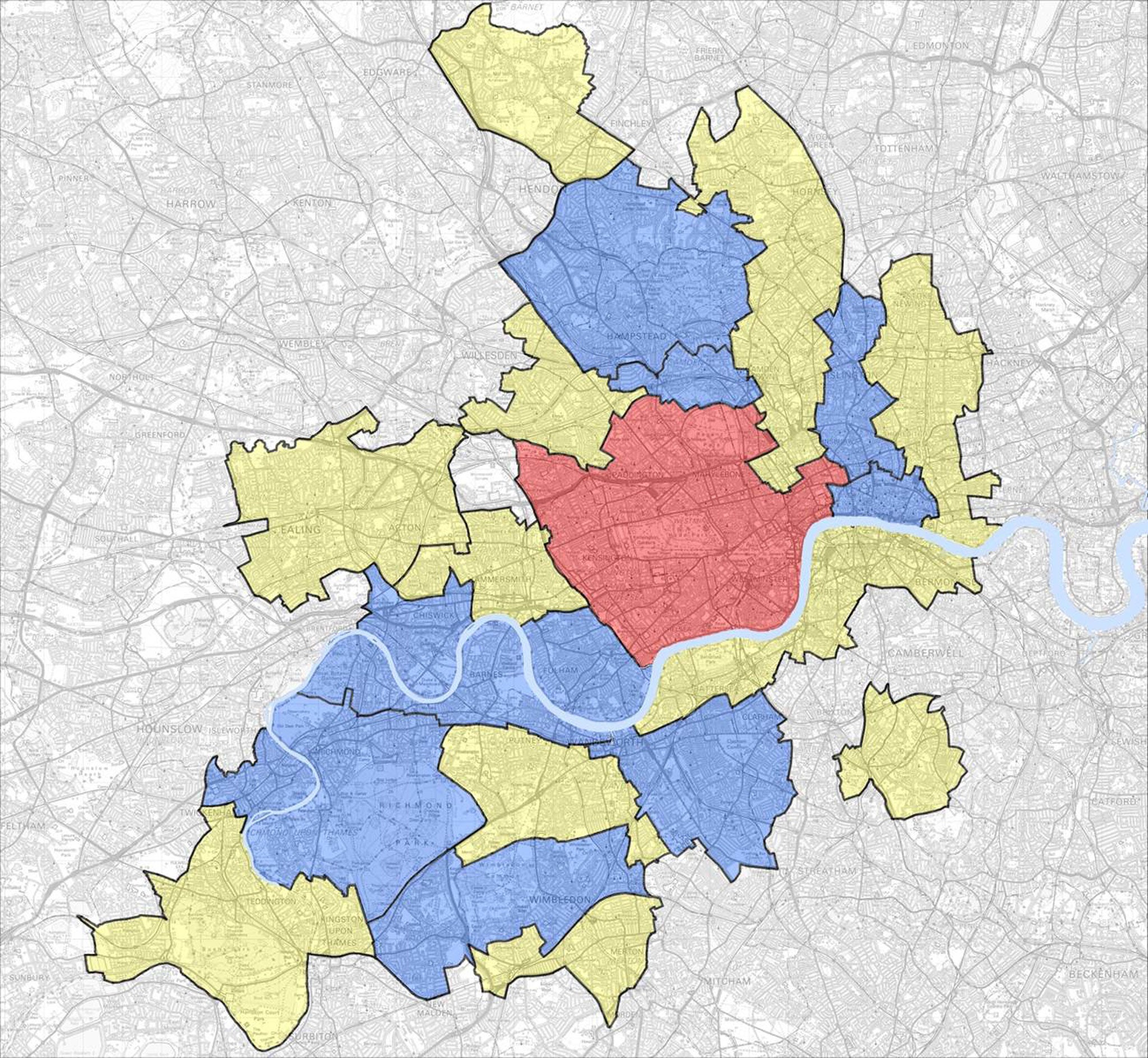 A map by Savills, with red showing the central market, blue for the established market, and yellow for the emerging market.