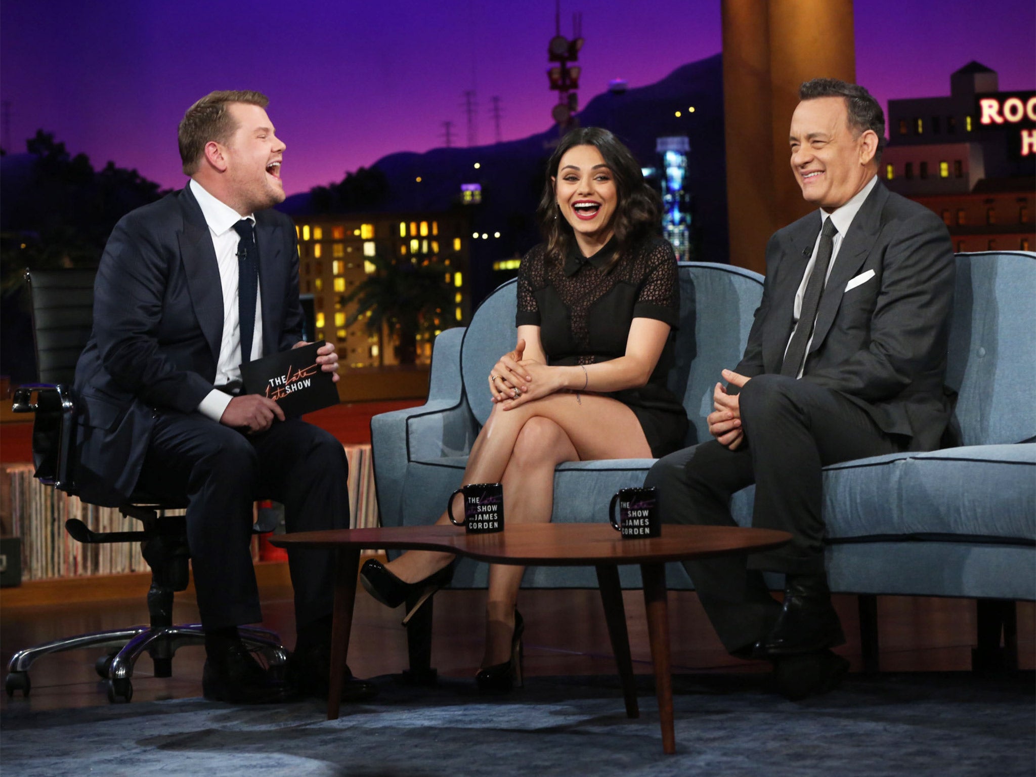 ‘The Late Late Show’ presenter James Corden is joined by Mila Kunis and Tom Hanks for his first night as host