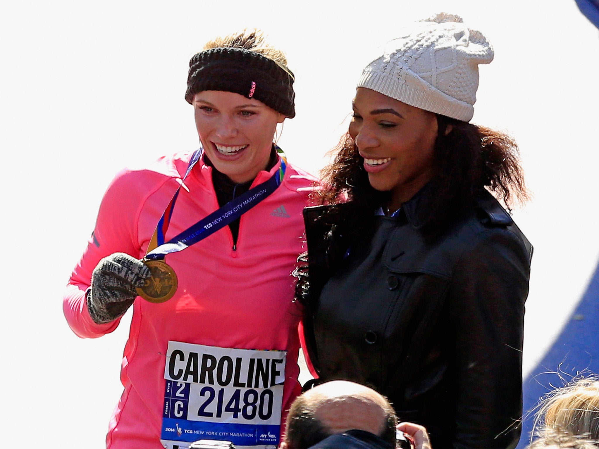 Wozniacki with friend Serena Williams after finishing last year’s New York Marathon