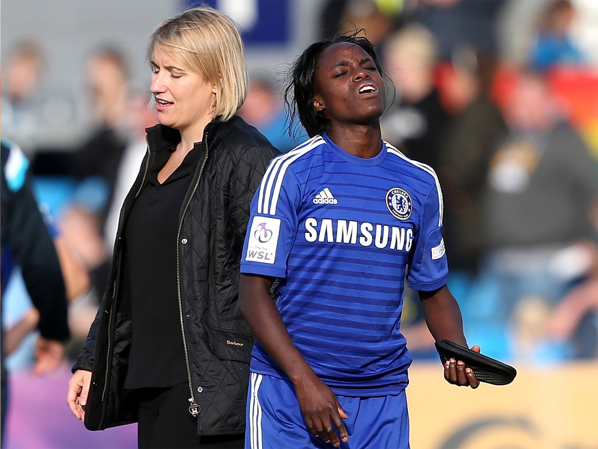 Hayes alongside a distraught Eniola Aluko after last season’s final-day heartbreak (Getty)