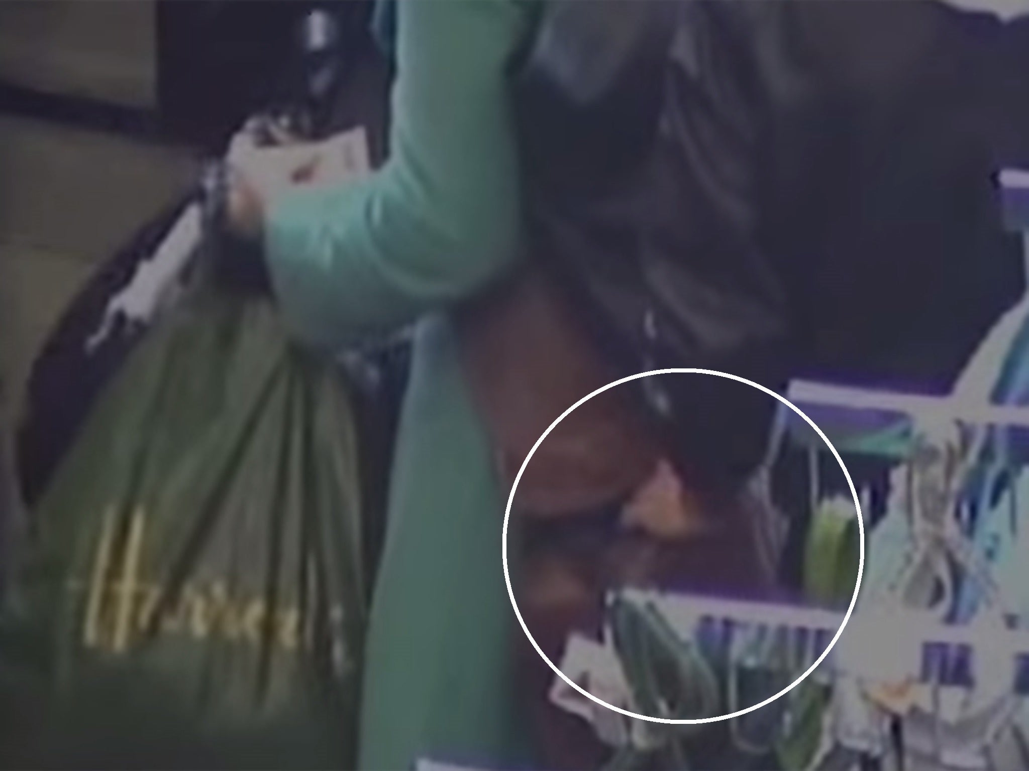 The thief steals from the woman's handbag