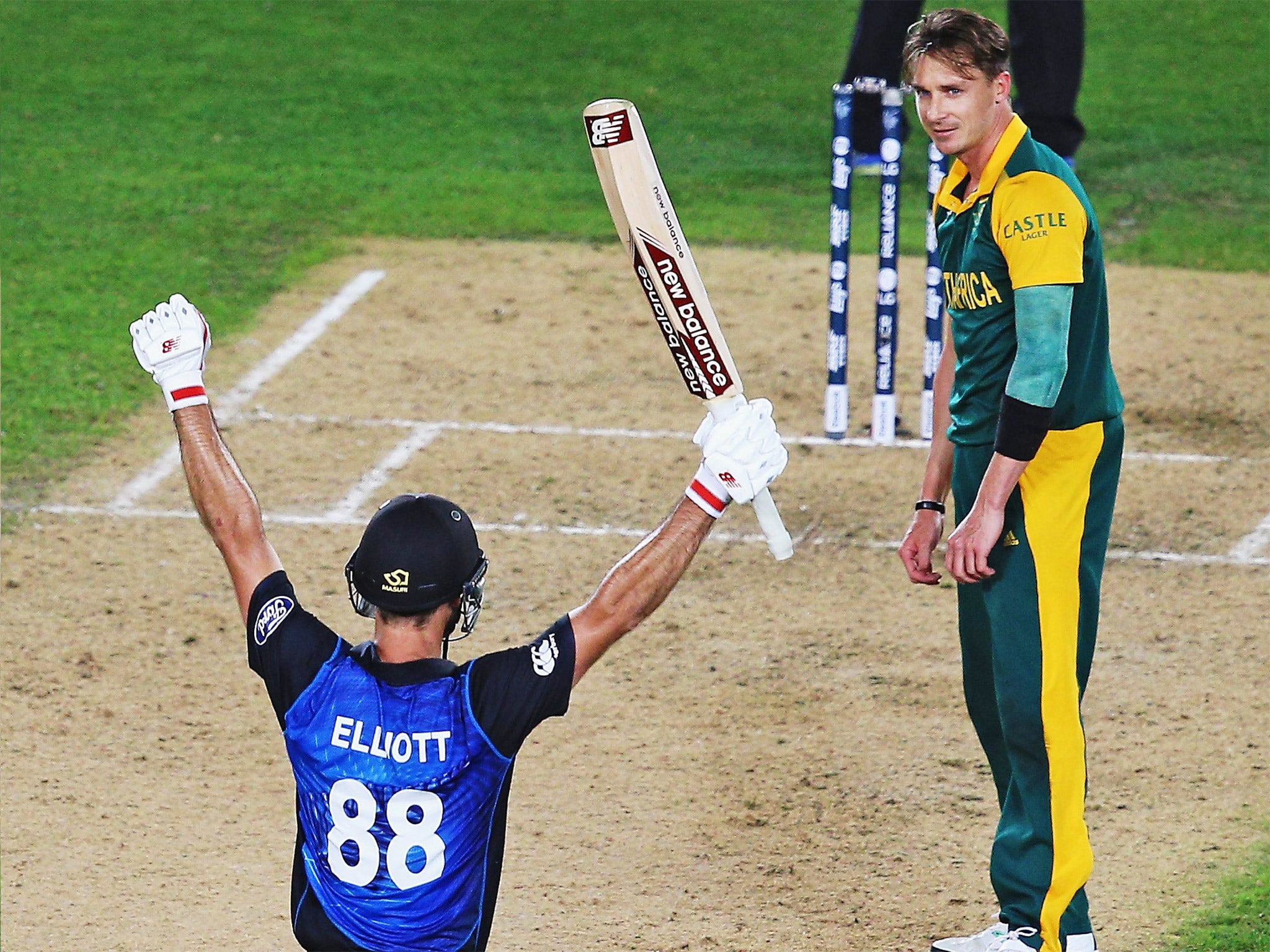 Grant Elliott celebrates after hitting the winning runs to take New Zealand to the final