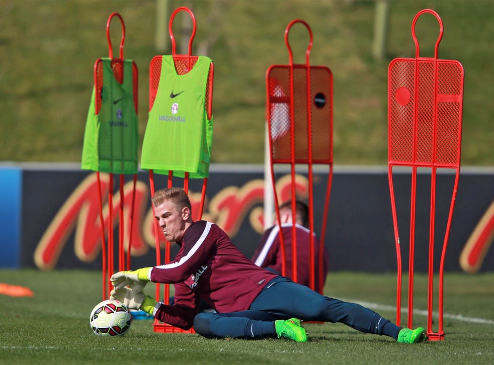 Joe Hart takes part in a training session at St George’s Park ahead of winning his 49th cap on Friday