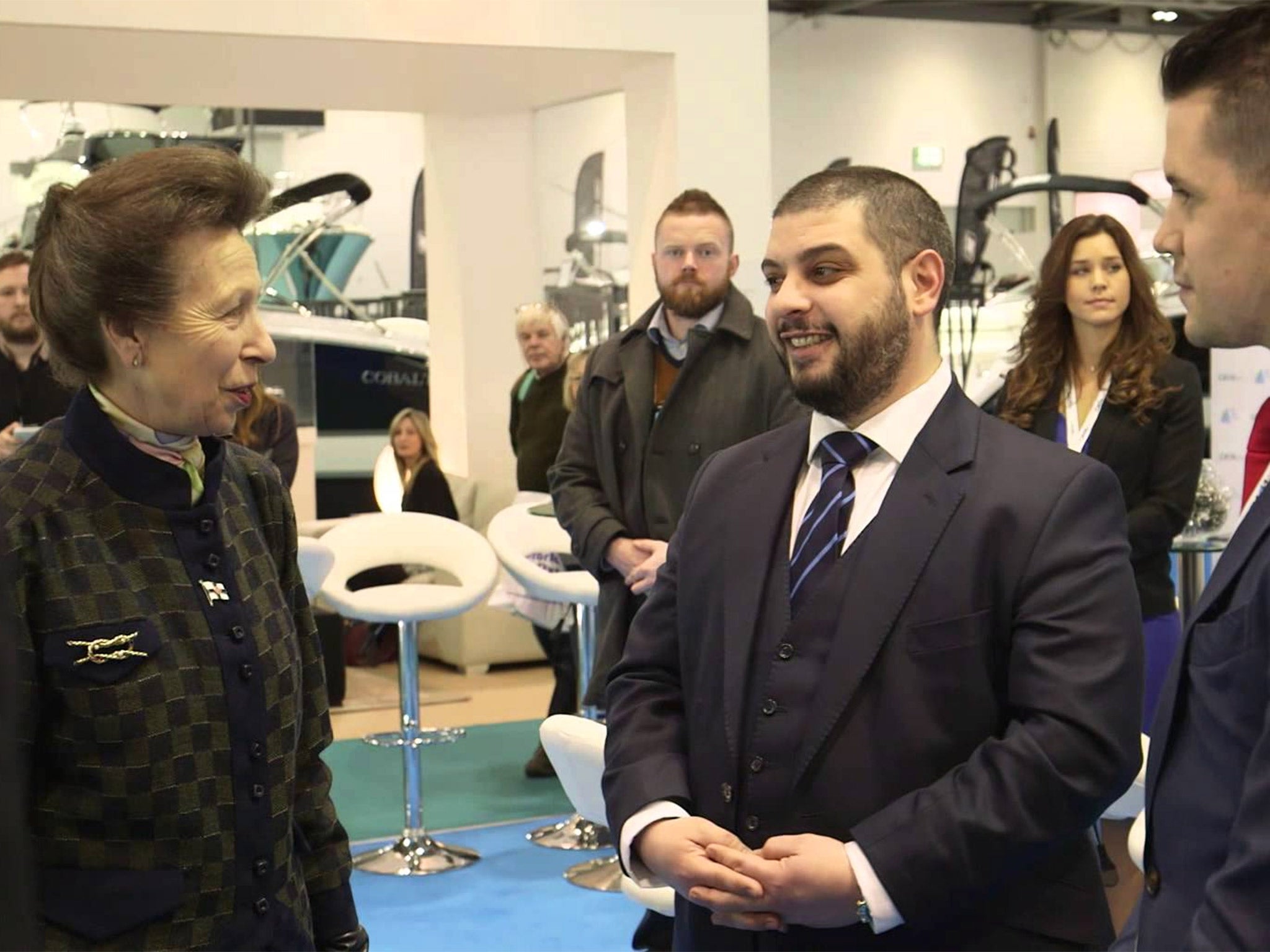 Princess Anne talks to Anthony Constantinou at the London Boat Show