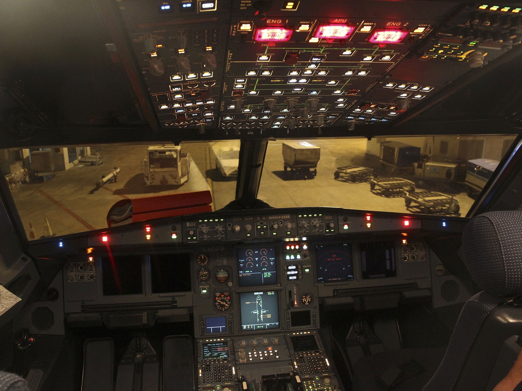 Inside the flight deck of an Airbus A320, the same plane as flight 9525 that crashed in the Alps