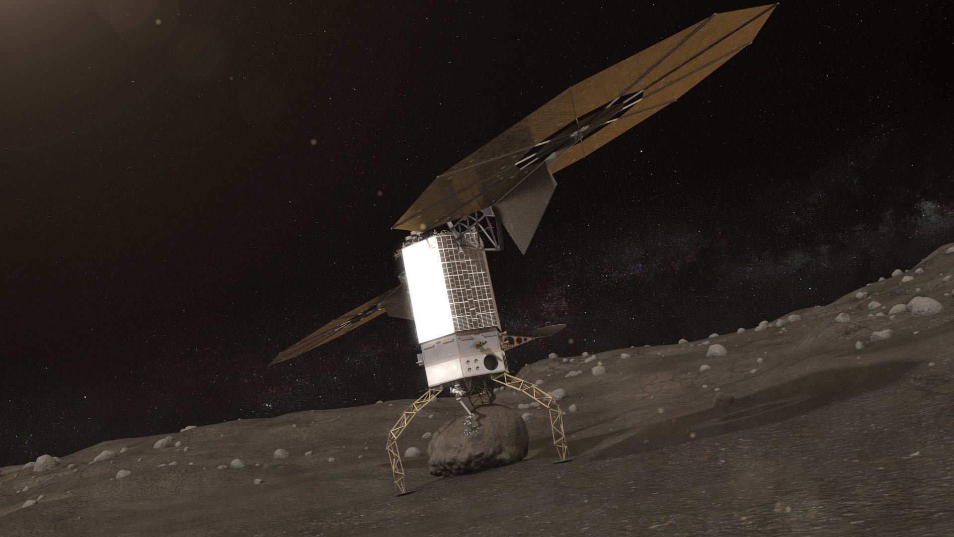 Once the boulder is secured, the Capture and Restraint System legs will provide a mechanical push off that will separate the boulder from the surface and provide an initial ascent without the use of thrusters to limit the amount of debris created