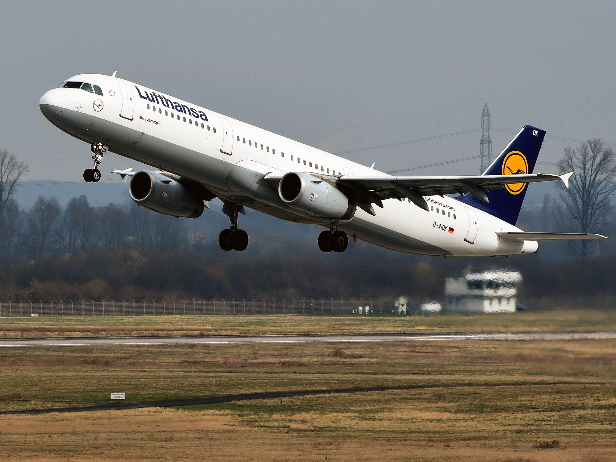 An Airbus plane of German airline Lufthansa carrying onboard relatives of the Germanwings plane crash victims takes off from the Duesseldorf airport in Duesseldorf, western Germany, en route to Marseille
