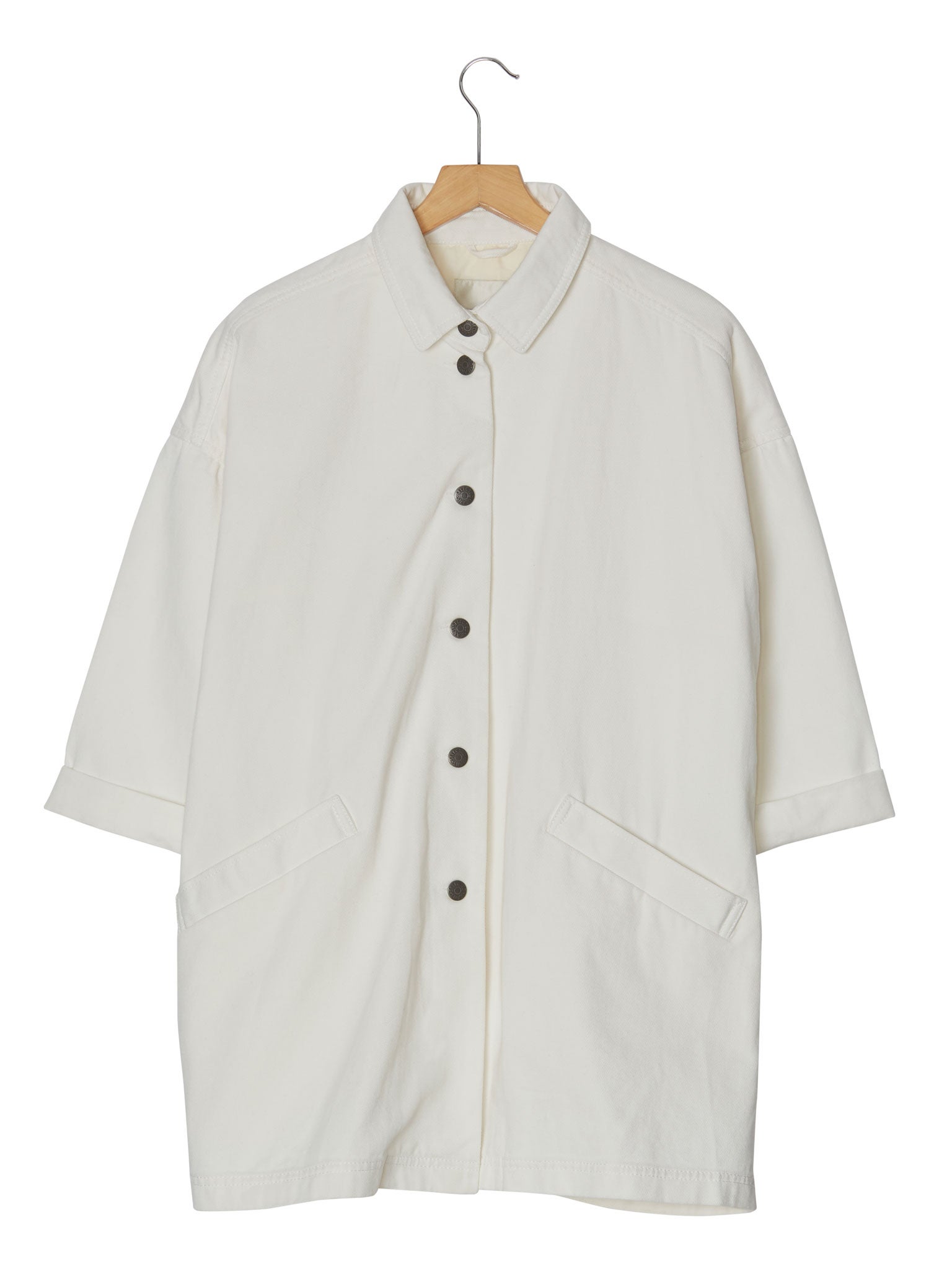 Workwear vibe: Off-white longline denim jacket, £85, plumo.com