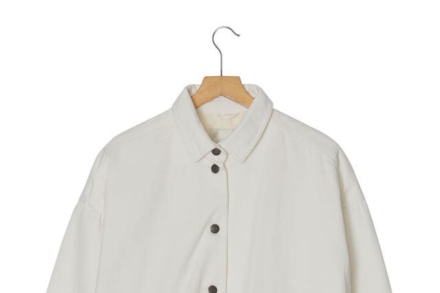 Workwear vibe: Off-white longline denim jacket, £85, plumo.com