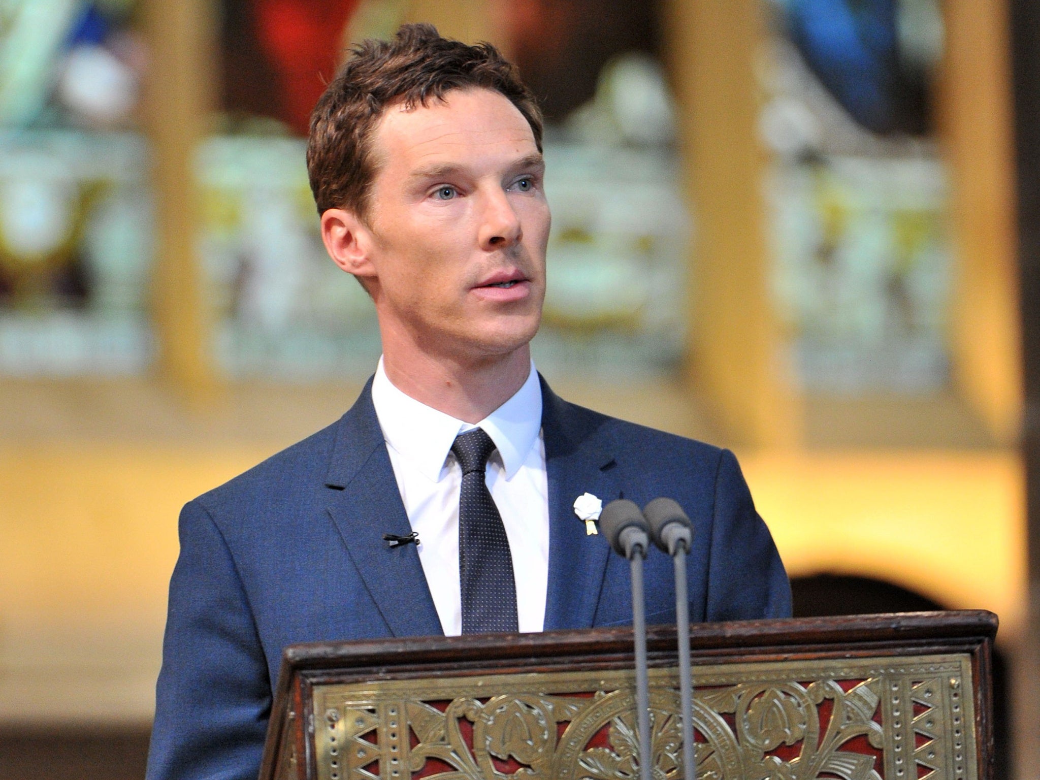 Actor Benedict Cumberbatch reading 'Richard' by Carol Ann Duffy during the service for the re-burial of Richard III at Leicester Cathedral