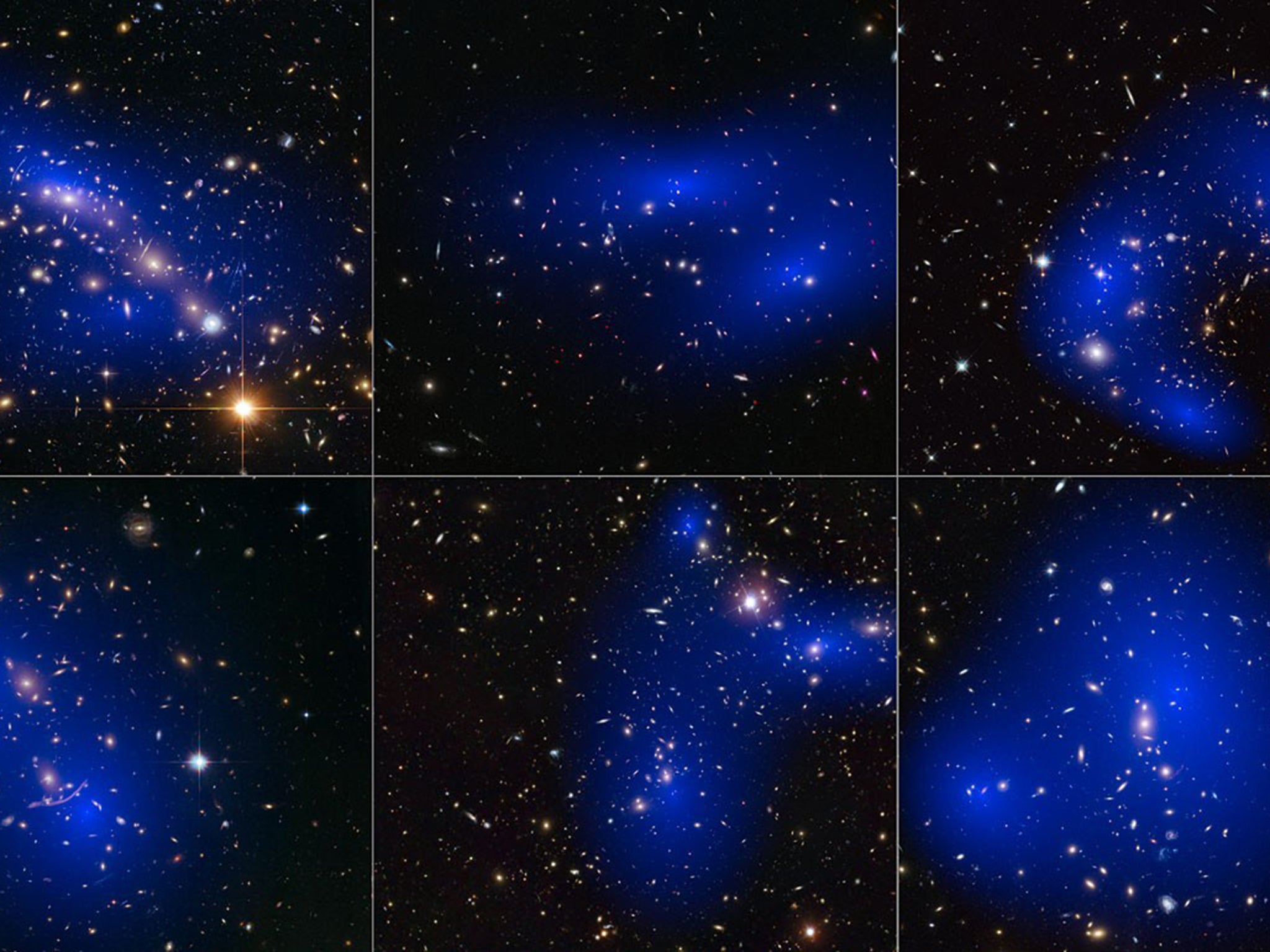 The Nasa/Esa Hubble’s images of six galaxy clusters
which were observed to study how dark matter behaves when the clusters collide