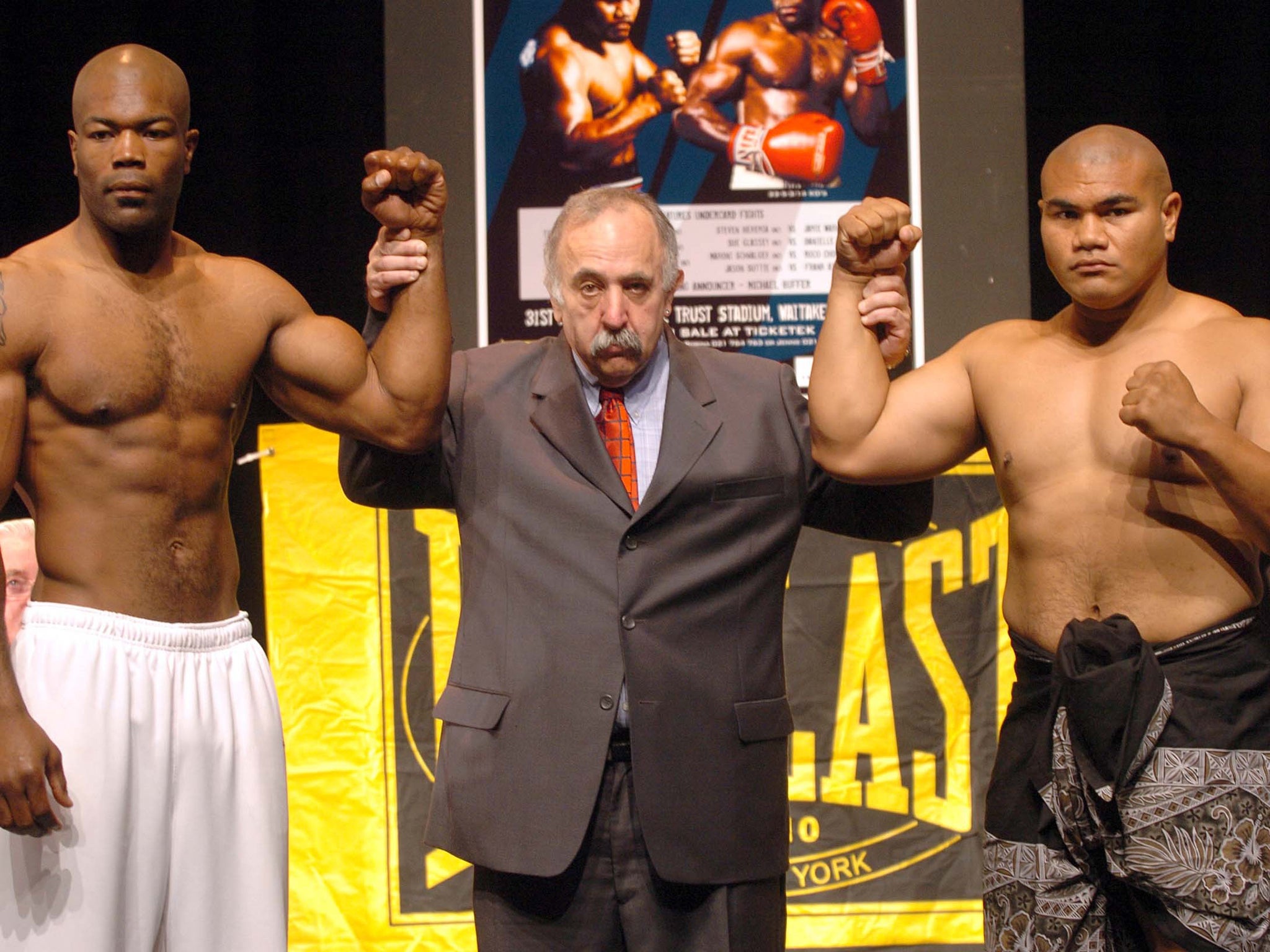 Kushner in Auckland in 2005 with Talmadge Griffis, left, and David Tua; by then his career was in decline