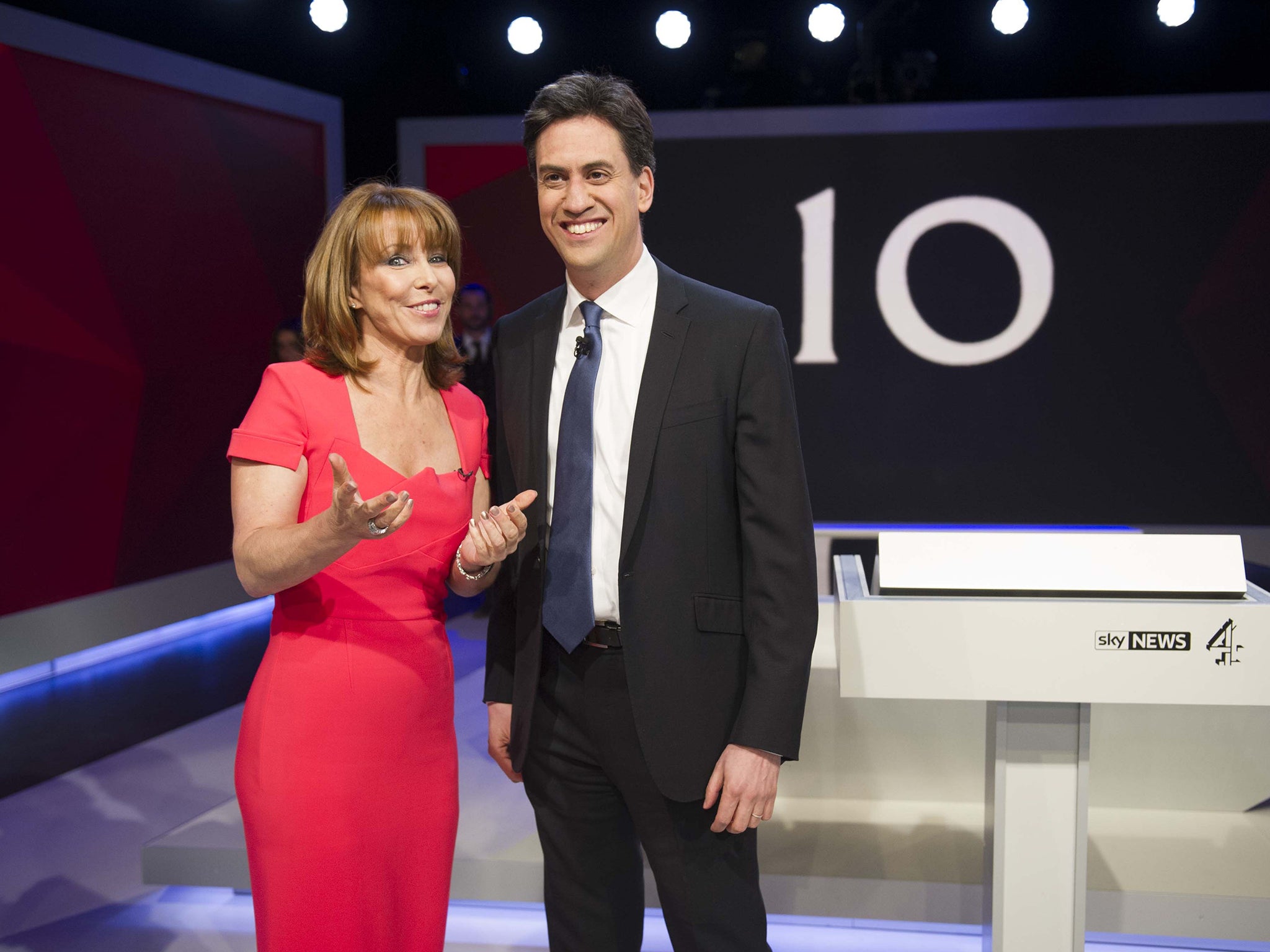 Ed Miliband and Kay Burley at last night's showdown (AFP)