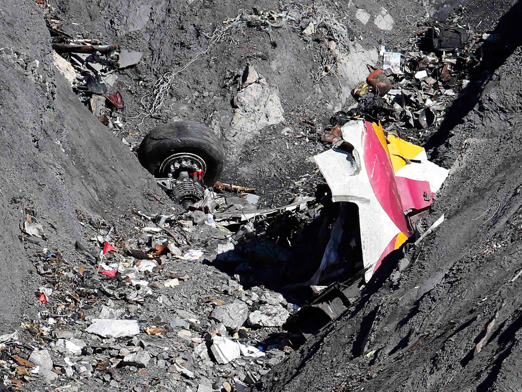Wreckage of the Airbus A320 is seen at the site of the crash, near Seyne-les-Alpes, French Alps
