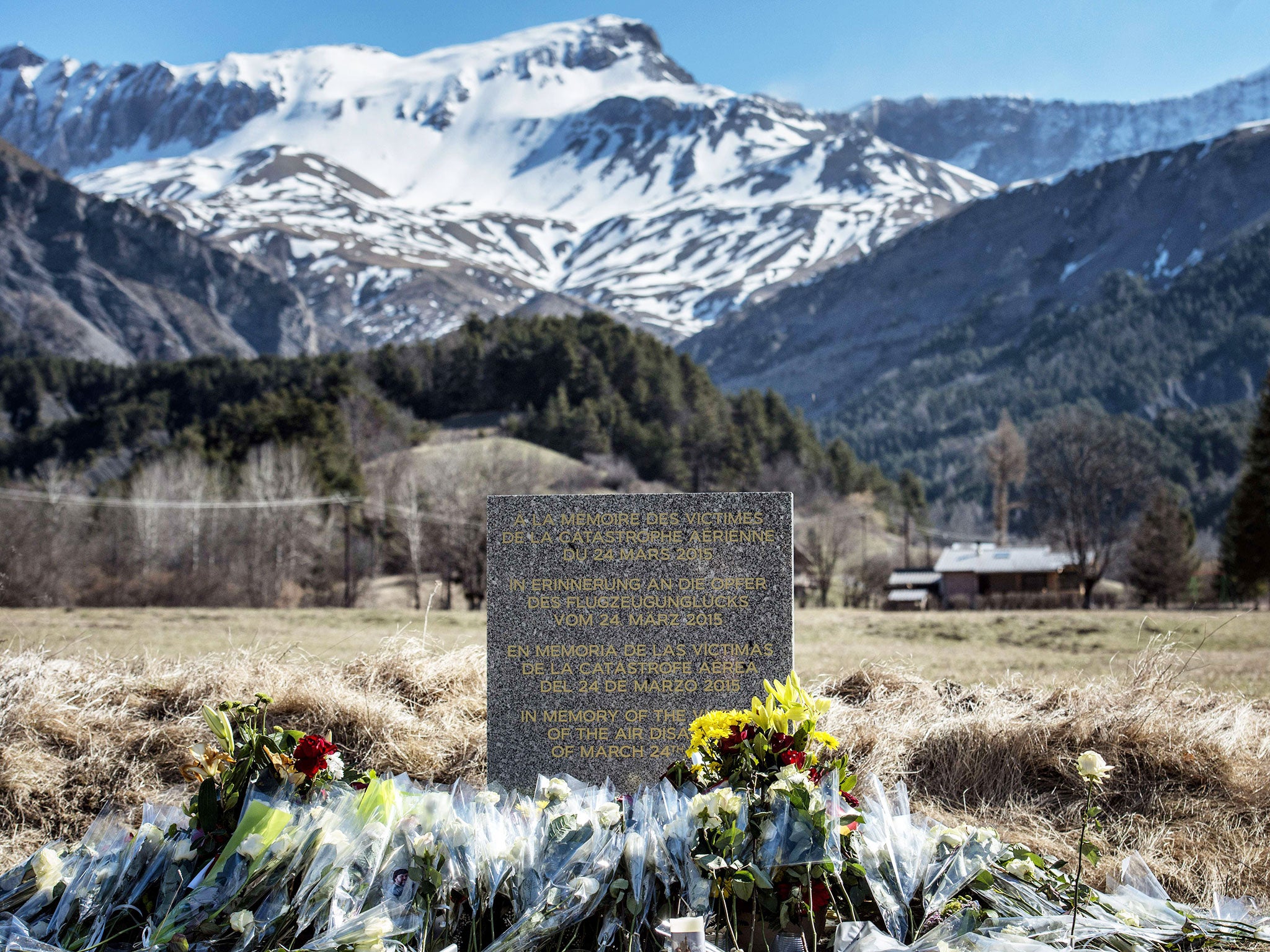 A stele in memory of the victims of the Germanwings Airbus A320 crash is pictured in the small village of Le Vernet, French Alps, near the site where a Airbus A320 crashed on 24 March