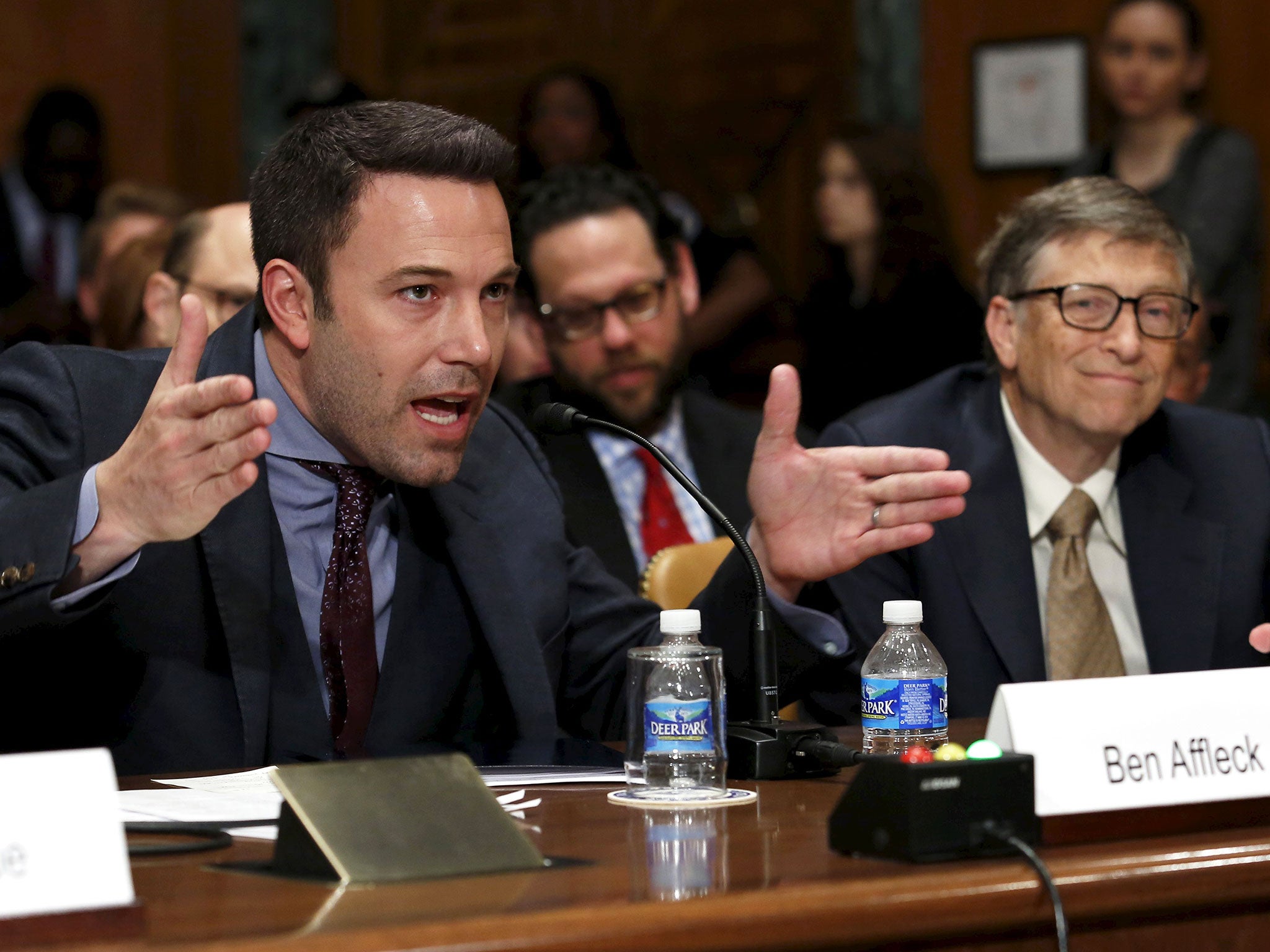 Ben Affleck, testifies next to Bill Gates, before a Senate Appropriations State, Foreign Operations and Related Programs Subcommittee hearing on "Diplomacy, Development, and National Security" on Capitol Hill in Washington