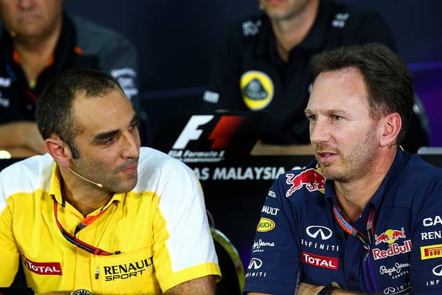 Renault managing director Cyril Abiteboul alongside Red Bull team principal Christian Horner
