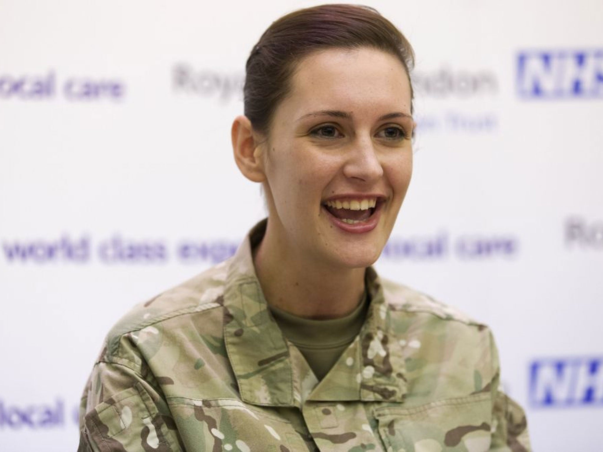 Corporal Anna Cross holds a press conference at the Royal Free Hospital in London on March 27, 2015. Army reservist, Anna Cross has recovered from the Ebola virus and been discharged today after being the first patient in the world to have received a new