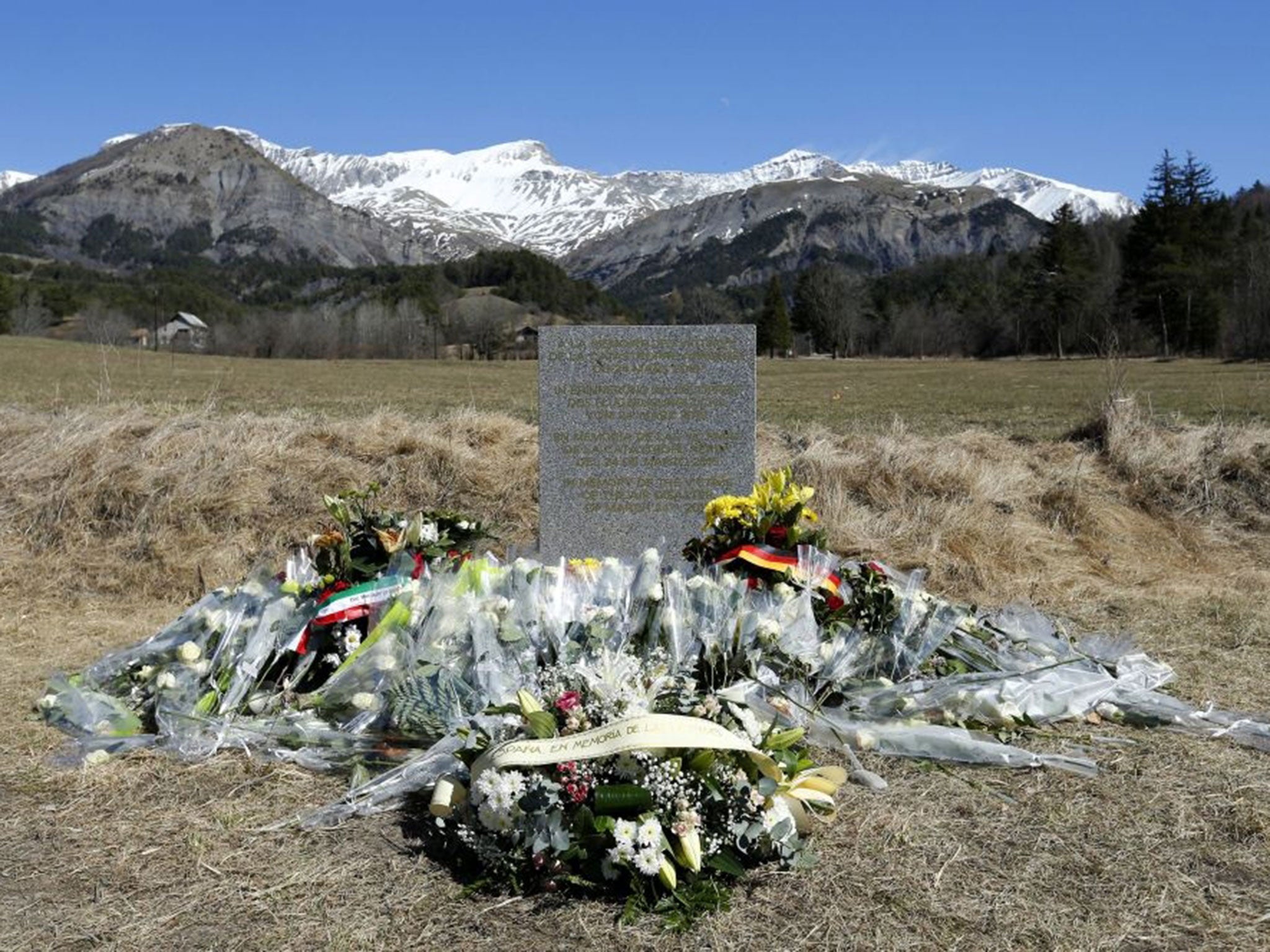 Flowers at the air crash memorial in Le Vernet, south-eastern France