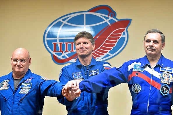 US astronaut Scott Kelly and Russian cosmonauts Gennady Padalka and Mikhail Kornienko (Kirill Kudryavtsev/AFP/Getty)