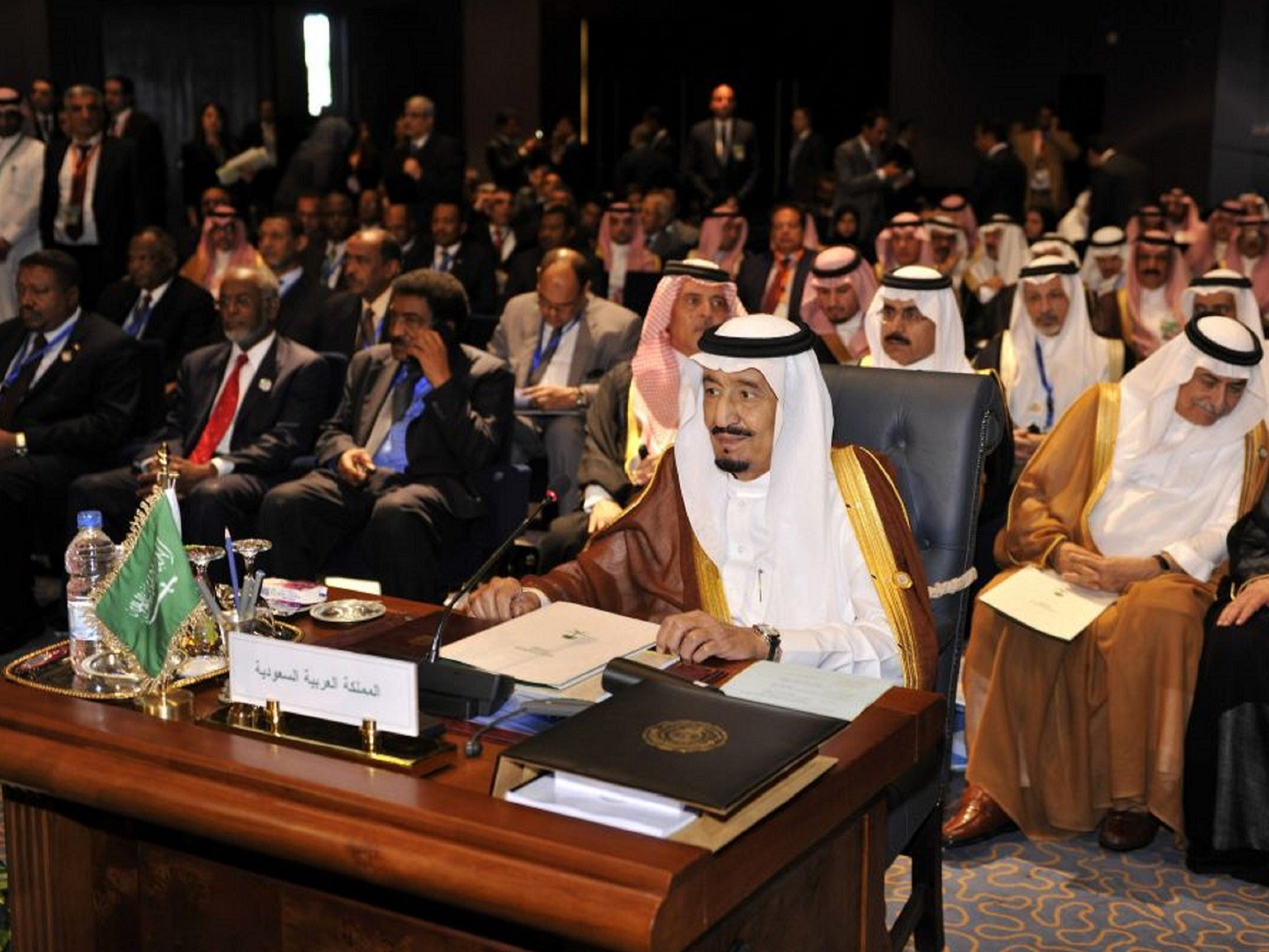 Saudi King Salman bin Abdulaziz Al Saud attends the opening session of the Arab Leaders summit in Egypt