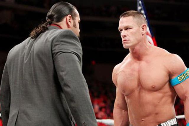 Rusev and Cena clash at the WrestleMania contract signing