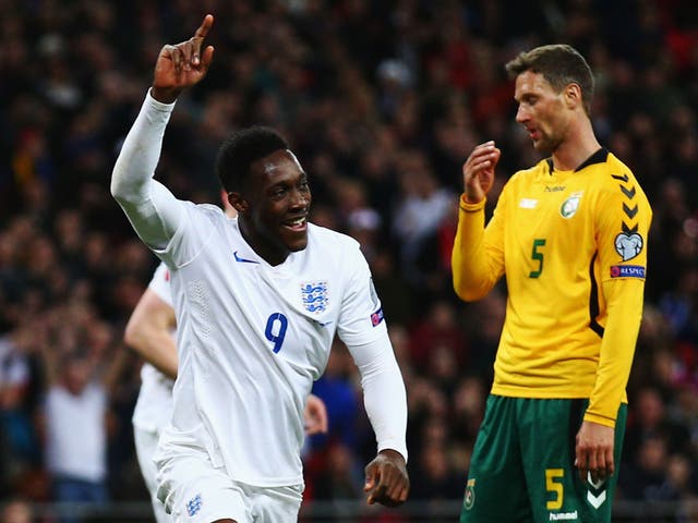 Danny Welbeck celebrates his goal against Lithuania