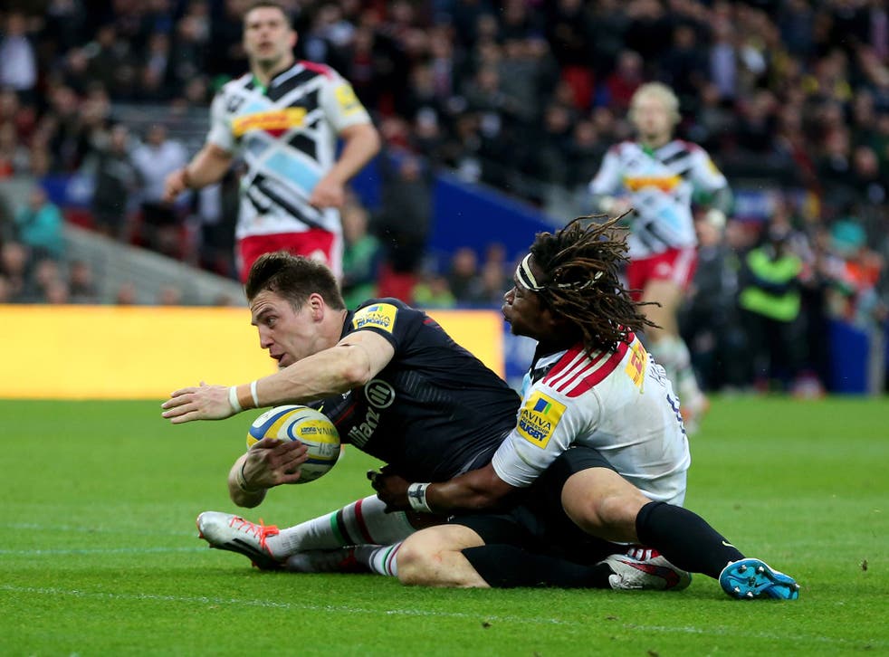 Wyles crashes over for his second try despite Marland Yarde's tackle